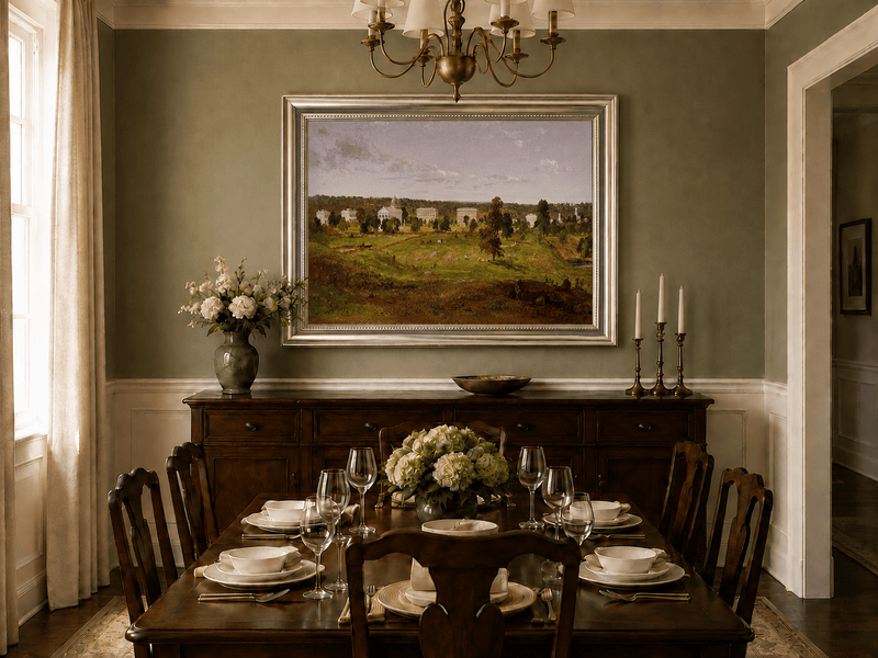 Landscape Oil Painting - Pastoral Campus with Classical Buildings
