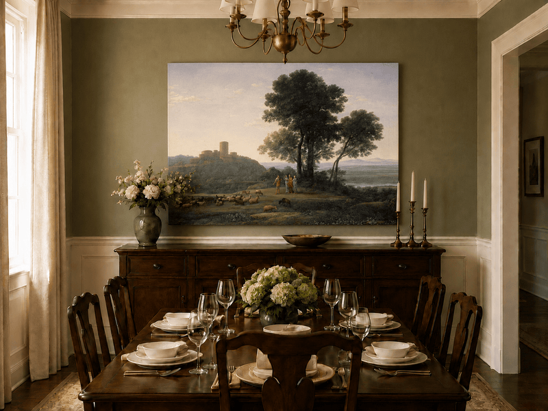Ölgemälde Landschaft - Pastorales Schloss, Figuren & Vieh
