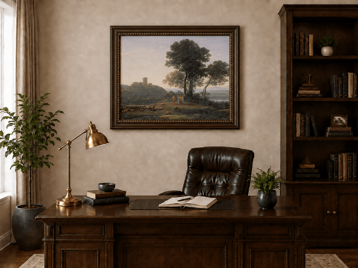 Ölgemälde Landschaft - Pastorales Schloss, Figuren & Vieh