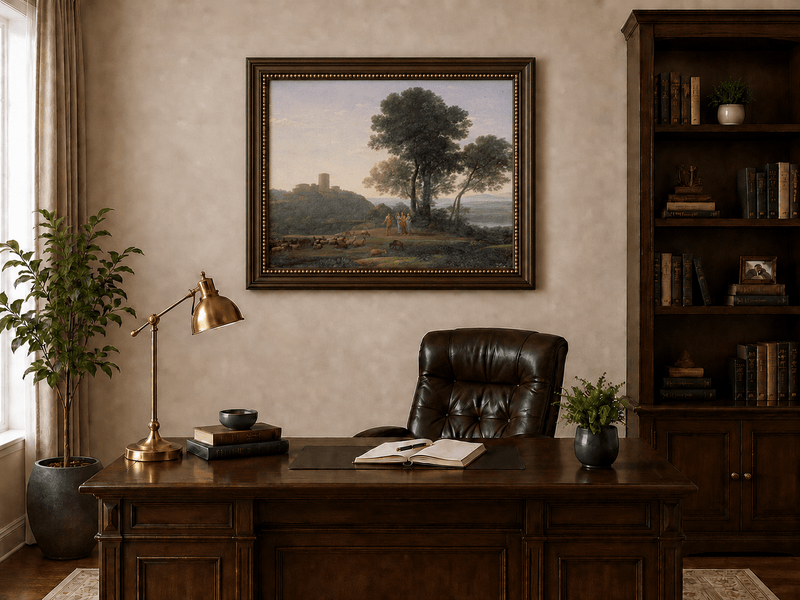 Ölgemälde Landschaft - Pastorales Schloss, Figuren & Vieh