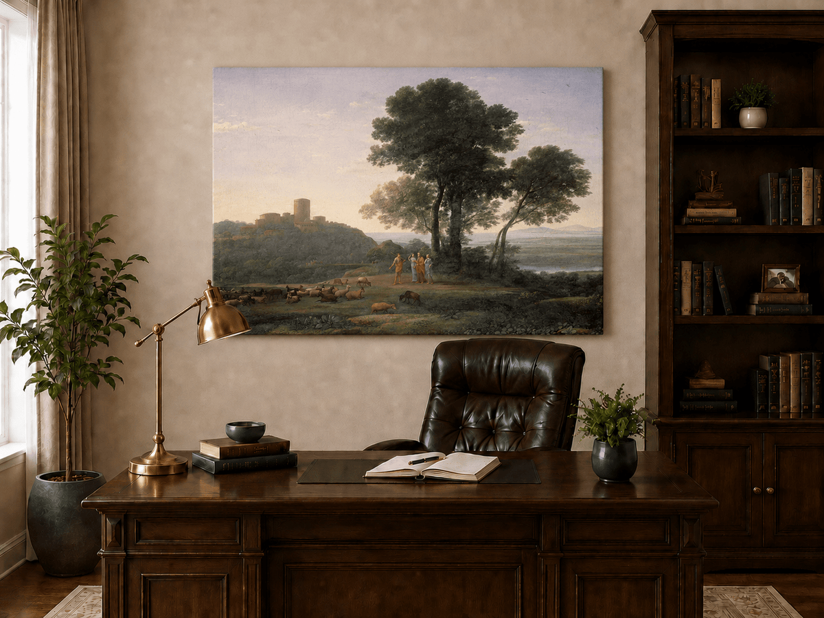 Ölgemälde Landschaft - Pastorales Schloss, Figuren & Vieh
