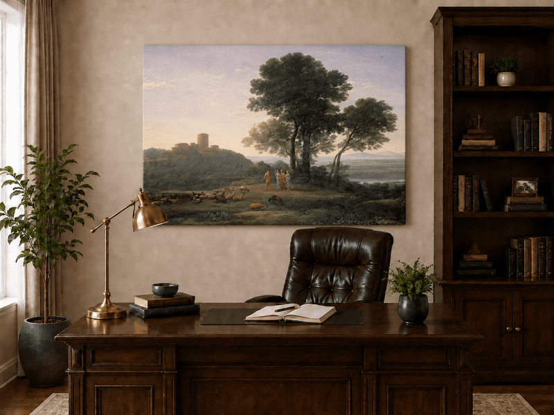 Ölgemälde Landschaft - Pastorales Schloss, Figuren & Vieh