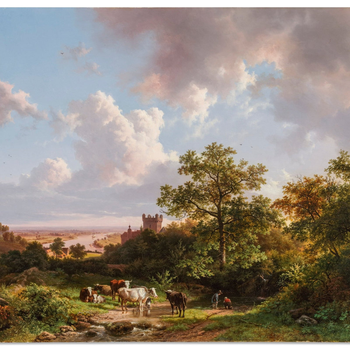 Hand-painted pastoral cattle scene with castle view landscape oil painting on canvas