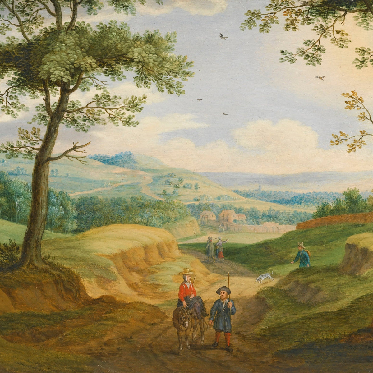 Hand-painted pastoral country path with travelers landscape oil painting on canvas
