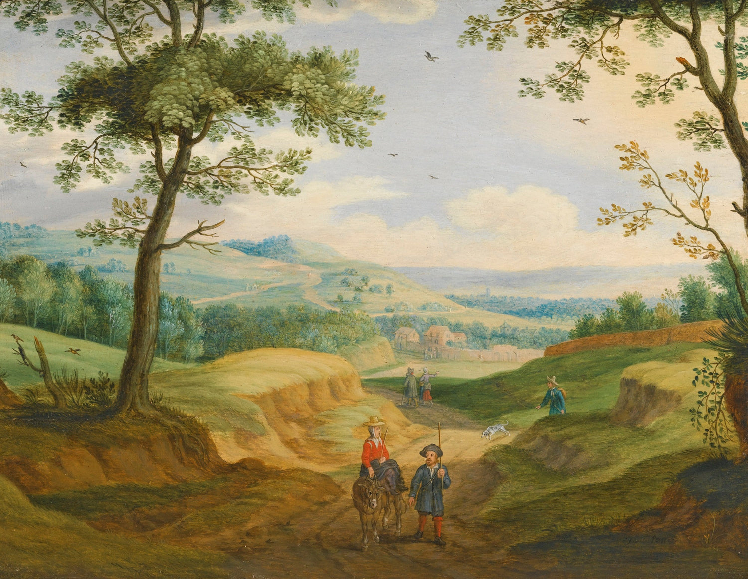 Hand-painted pastoral country path with travelers landscape oil painting on canvas