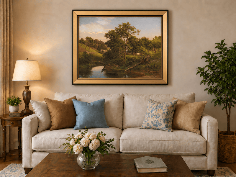 Landscape Oil Painting - Pastoral Creek and Hillside Cows