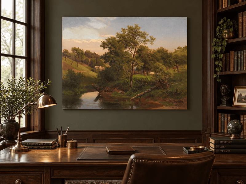 Landscape Oil Painting - Pastoral Creek and Hillside Cows