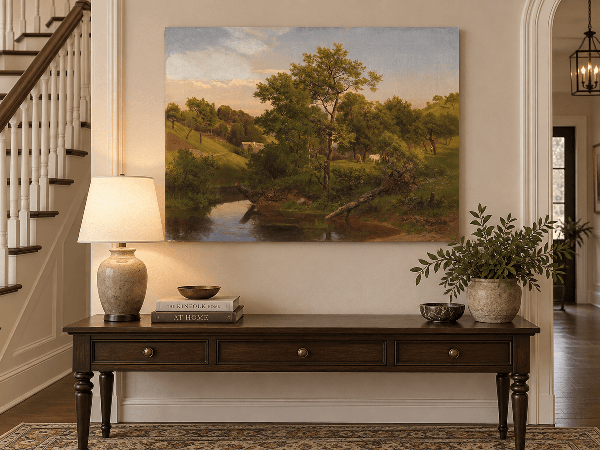Landscape Oil Painting - Pastoral Creek and Hillside Cows