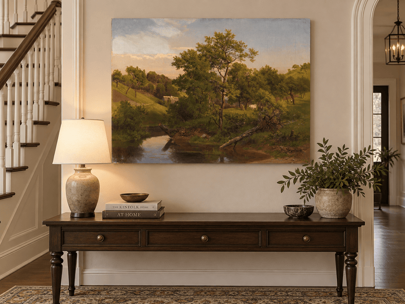 Landscape Oil Painting - Pastoral Creek and Hillside Cows