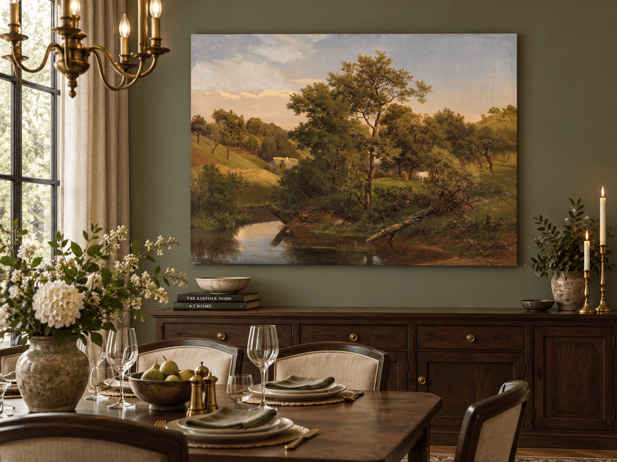 Landscape Oil Painting - Pastoral Creek and Hillside Cows