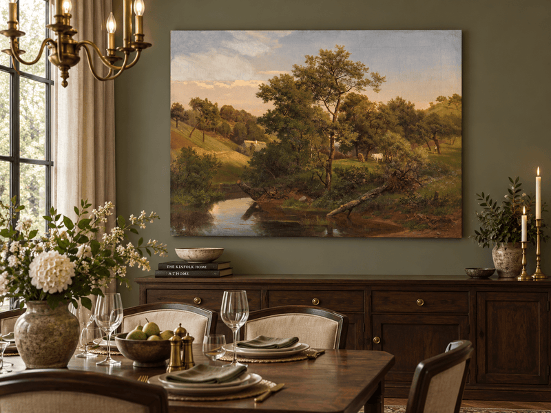 Landscape Oil Painting - Pastoral Creek and Hillside Cows