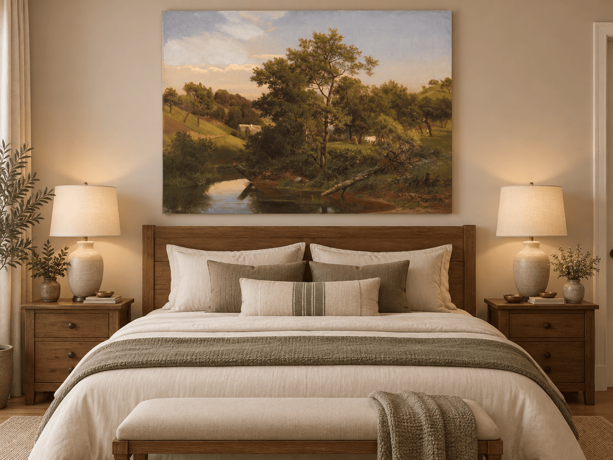Landscape Oil Painting - Pastoral Creek and Hillside Cows