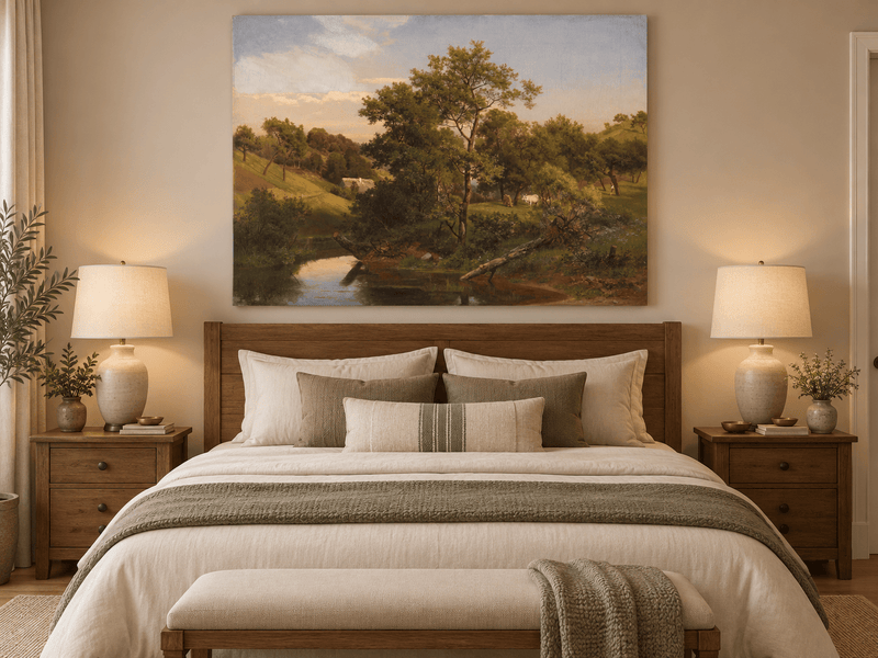 Landscape Oil Painting - Pastoral Creek and Hillside Cows