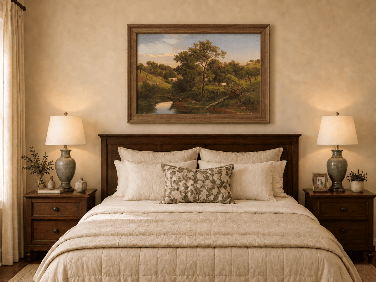 Landscape Oil Painting - Pastoral Creek and Hillside Cows