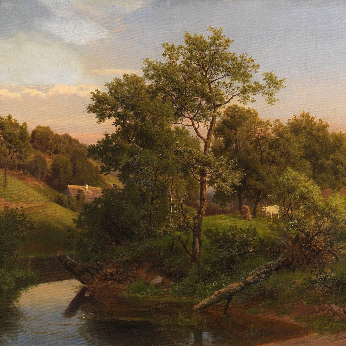 Landscape Oil Painting - Pastoral Creek and Hillside Cows - Oil Painting Haven