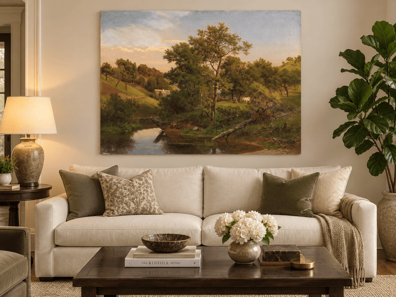 Landscape Oil Painting - Pastoral Creek and Hillside Cows