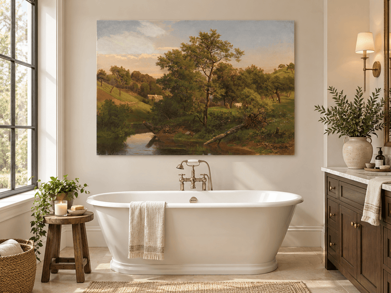 Landscape Oil Painting - Pastoral Creek and Hillside Cows