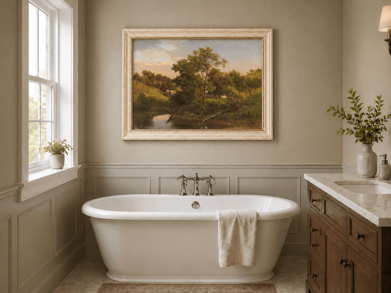 Landscape Oil Painting - Pastoral Creek and Hillside Cows