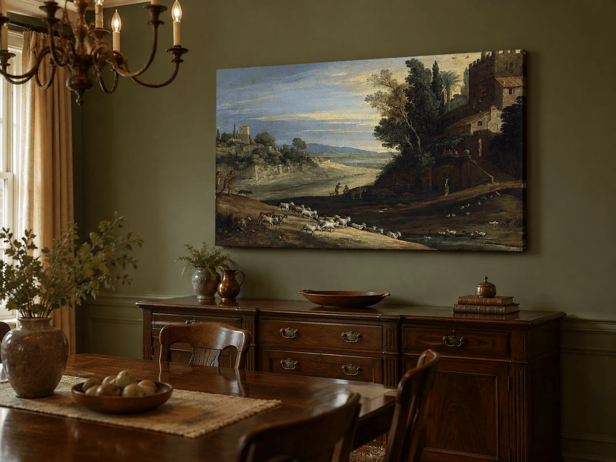 Landscape Oil Painting - Pastoral Estate with Goats and Ducks
