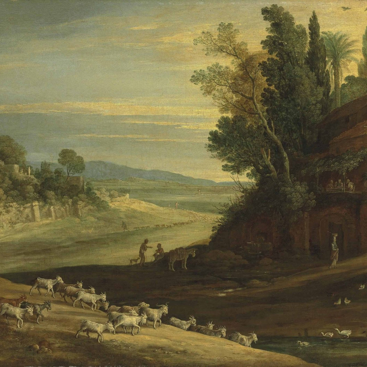 Landscape Oil Painting - Pastoral Estate with Goats and Ducks - Oil Painting Haven