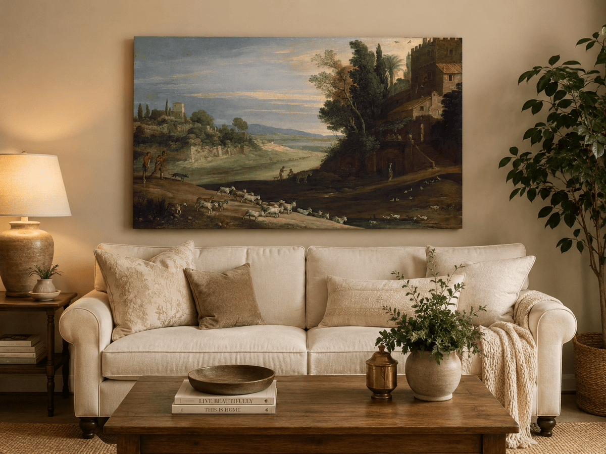 Landscape Oil Painting - Pastoral Estate with Goats and Ducks
