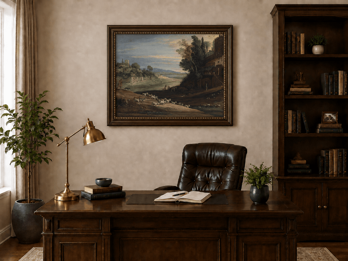 Landscape Oil Painting - Pastoral Estate with Goats and Ducks