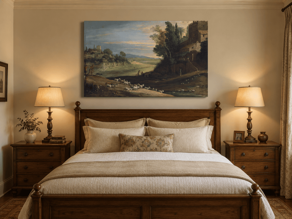 Landscape Oil Painting - Pastoral Estate with Goats and Ducks