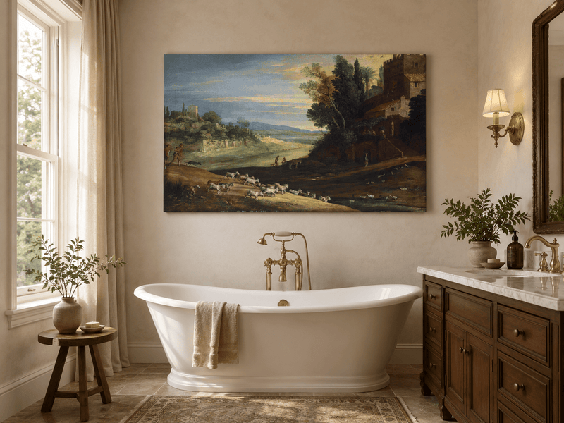Landscape Oil Painting - Pastoral Estate with Goats and Ducks