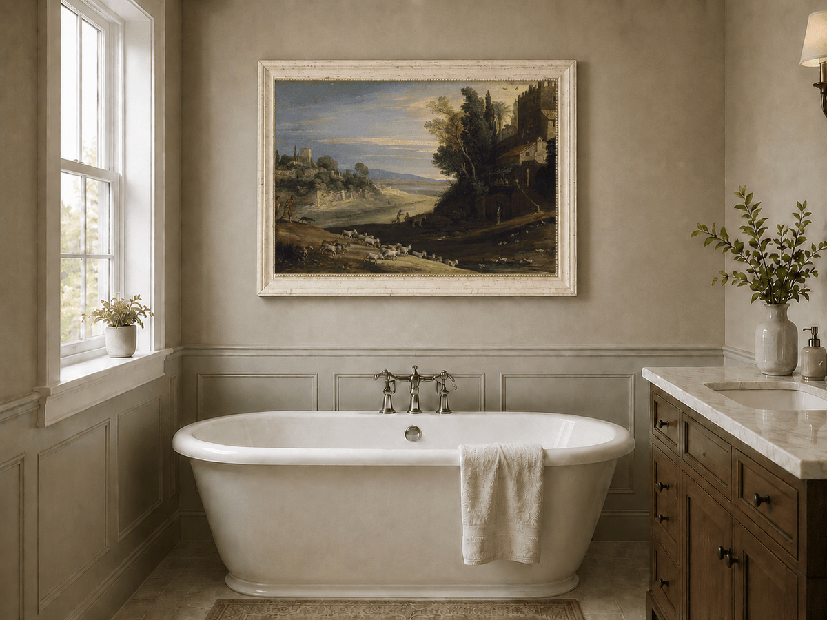 Landscape Oil Painting - Pastoral Estate with Goats and Ducks