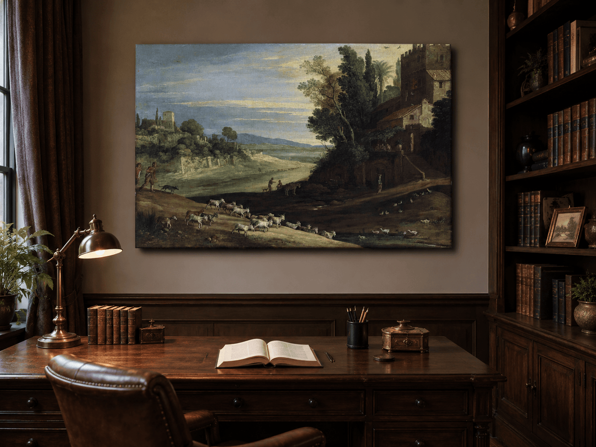 Landscape Oil Painting - Pastoral Estate with Goats and Ducks