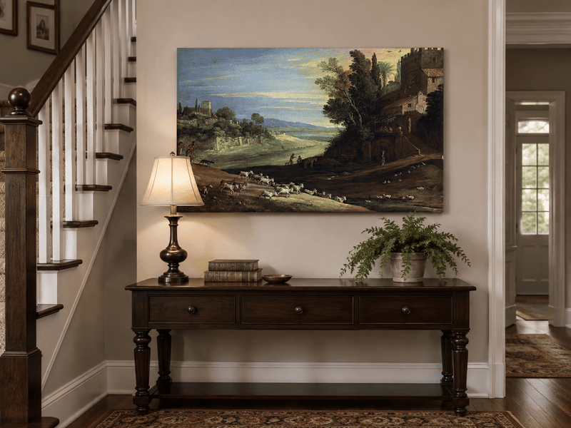 Landscape Oil Painting - Pastoral Estate with Goats and Ducks