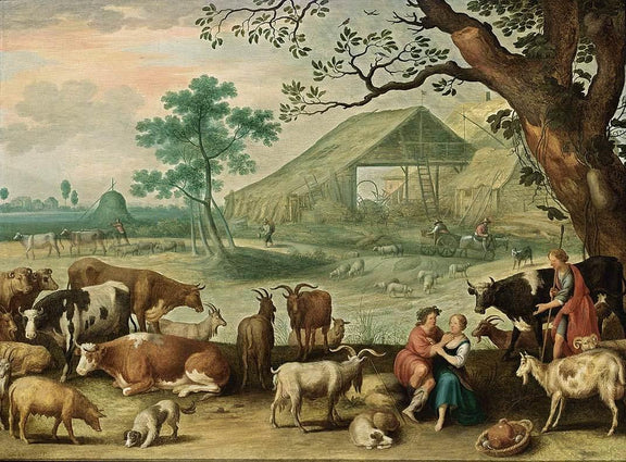 Landscape Oil Painting - Pastoral Farm with Cattle and Goats - Oil Painting Haven