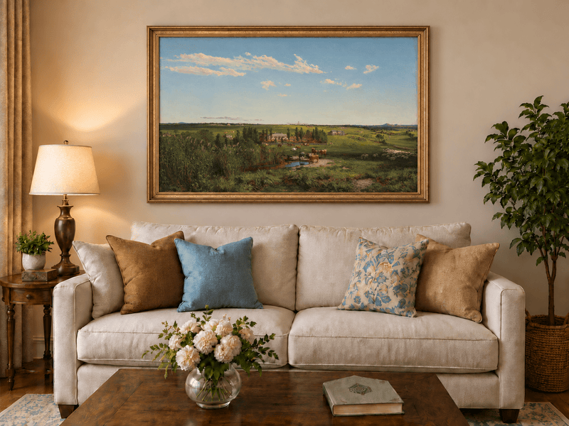 Landscape Oil Painting - Pastoral Farmland Cattle & Open Fields
