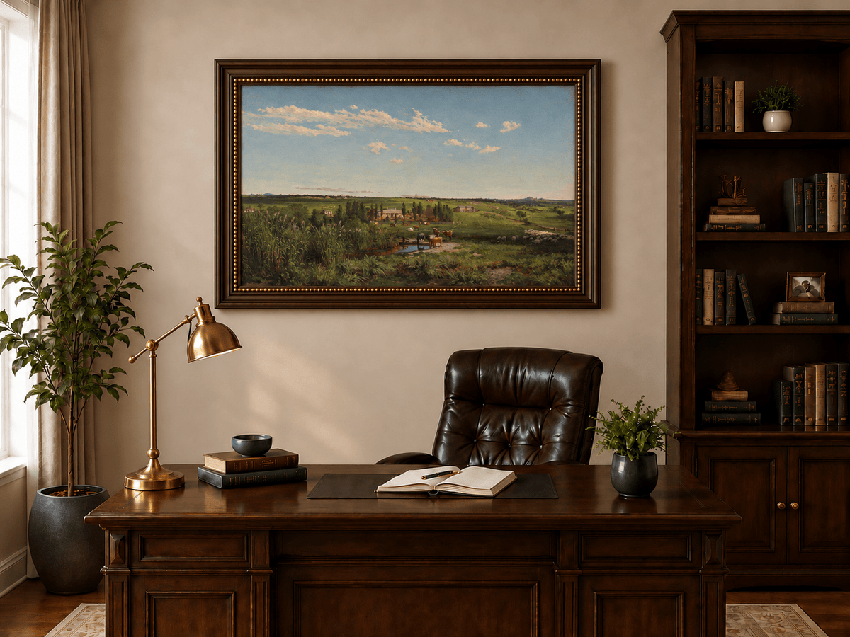 Landscape Oil Painting - Pastoral Farmland Cattle & Open Fields