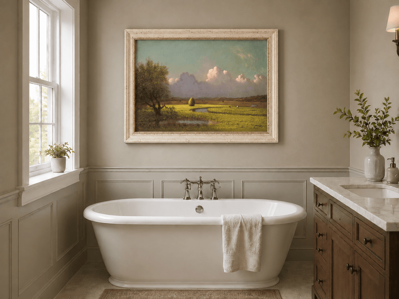 Landscape Oil Painting - Pastoral Field with Haystack and Sky