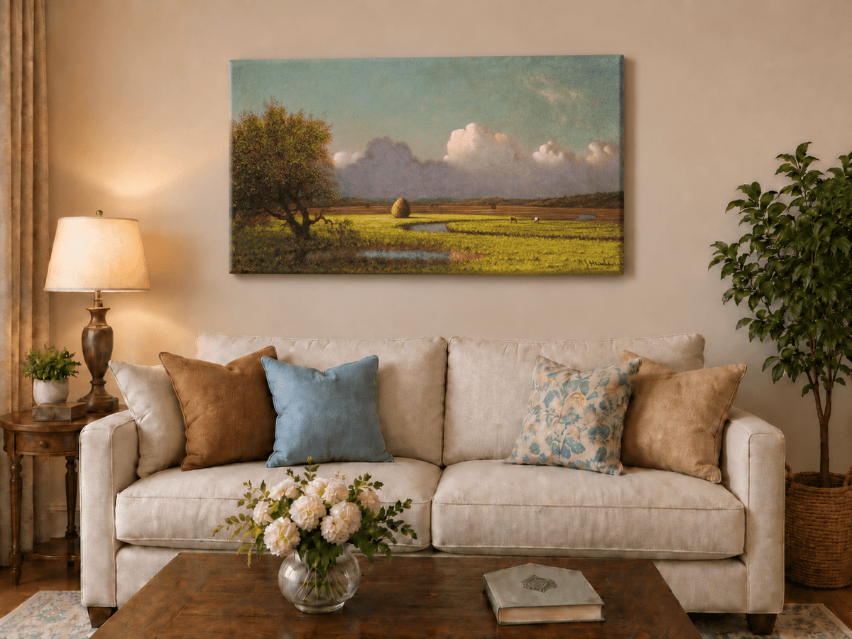 Landscape Oil Painting - Pastoral Field with Haystack and Sky