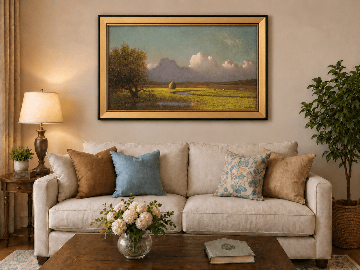 Landscape Oil Painting - Pastoral Field with Haystack and Sky