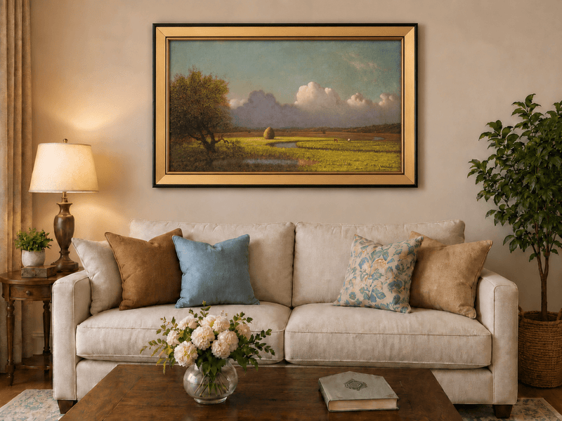 Landscape Oil Painting - Pastoral Field with Haystack and Sky