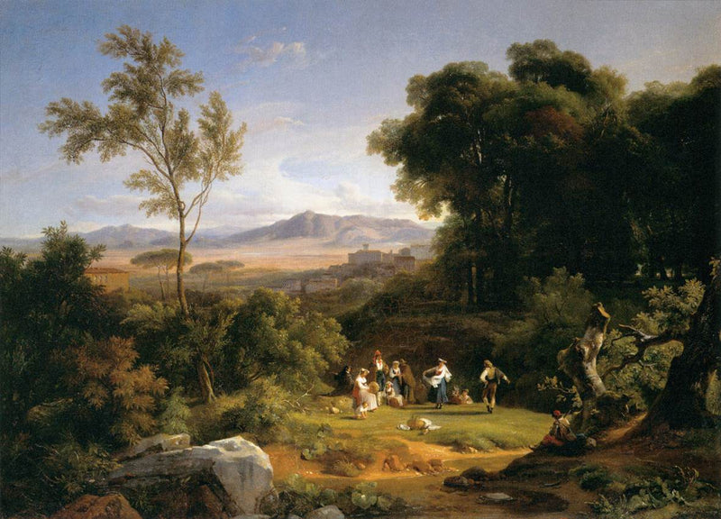 Hand-painted pastoral figures in woodland valley view landscape oil painting on canvas