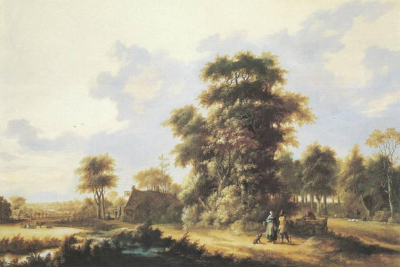 Hand-painted pastoral grove with cottage and figures landscape oil painting on canvas