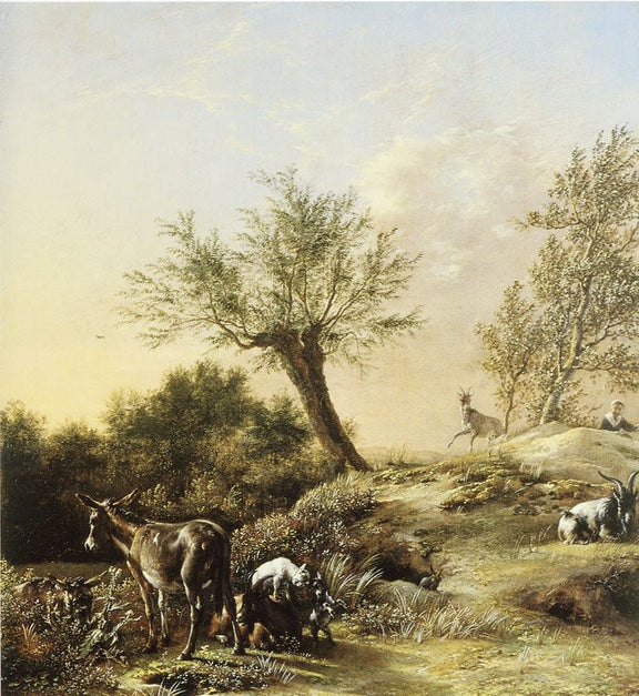 Landscape Oil Painting - Pastoral Hillside with Donkey and Goats - Oil Painting Haven