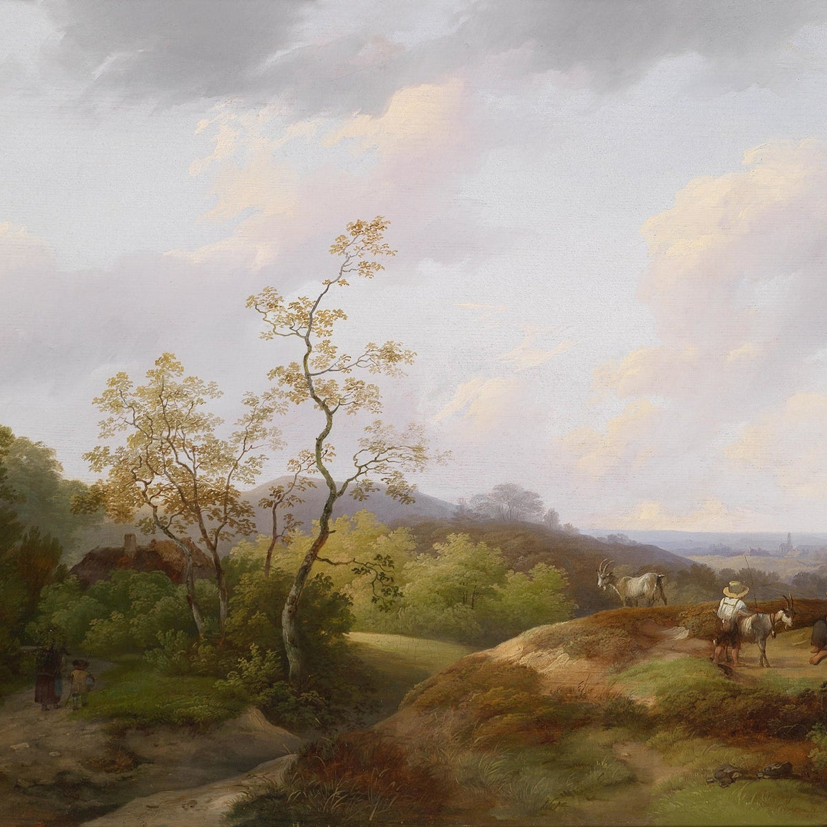Hand-painted pastoral hillside with goats and figures landscape oil painting on canvas