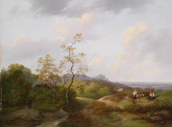 Hand-painted pastoral hillside with goats and figures landscape oil painting on canvas