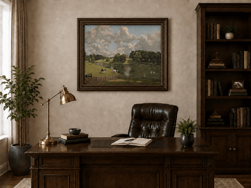Landscape Oil Painting - Pastoral Lake Cows & Country Estate