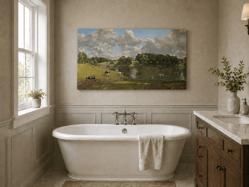 Landscape Oil Painting - Pastoral Lake Cows & Country Estate