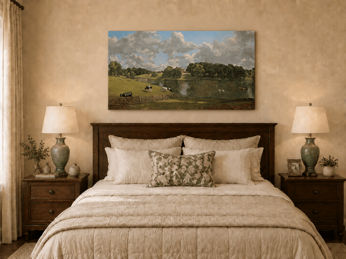 Landscape Oil Painting - Pastoral Lake Cows & Country Estate