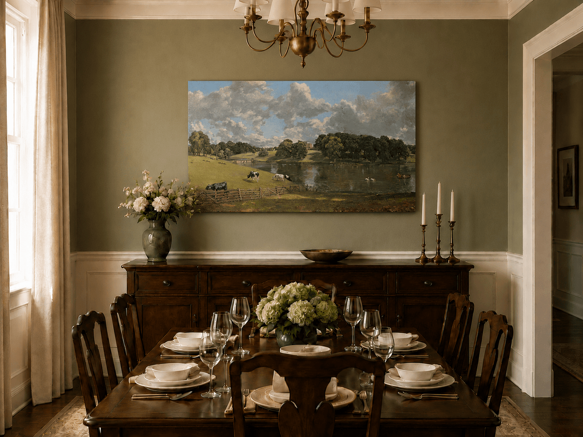 Landscape Oil Painting - Pastoral Lake Cows & Country Estate
