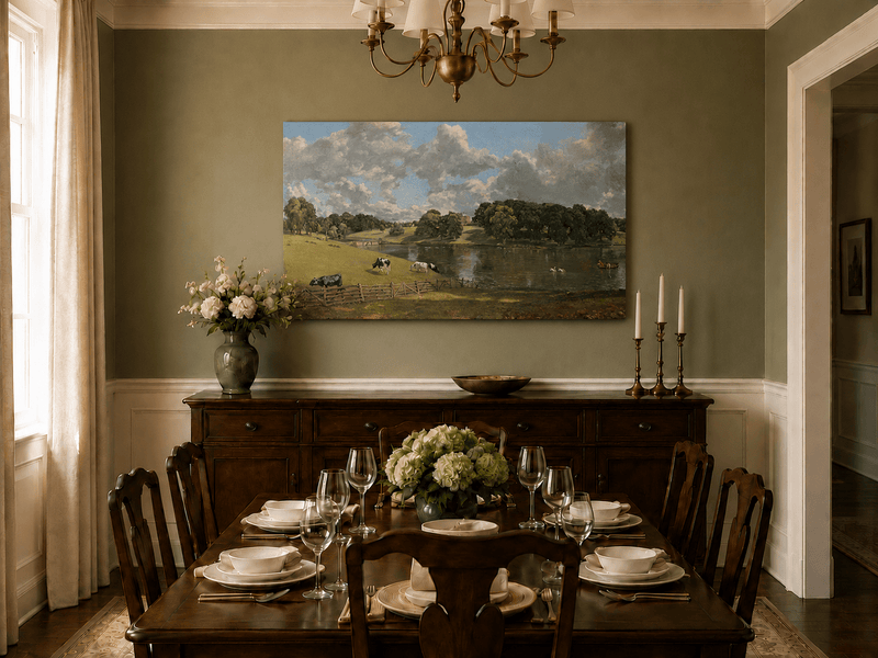 Landscape Oil Painting - Pastoral Lake Cows & Country Estate