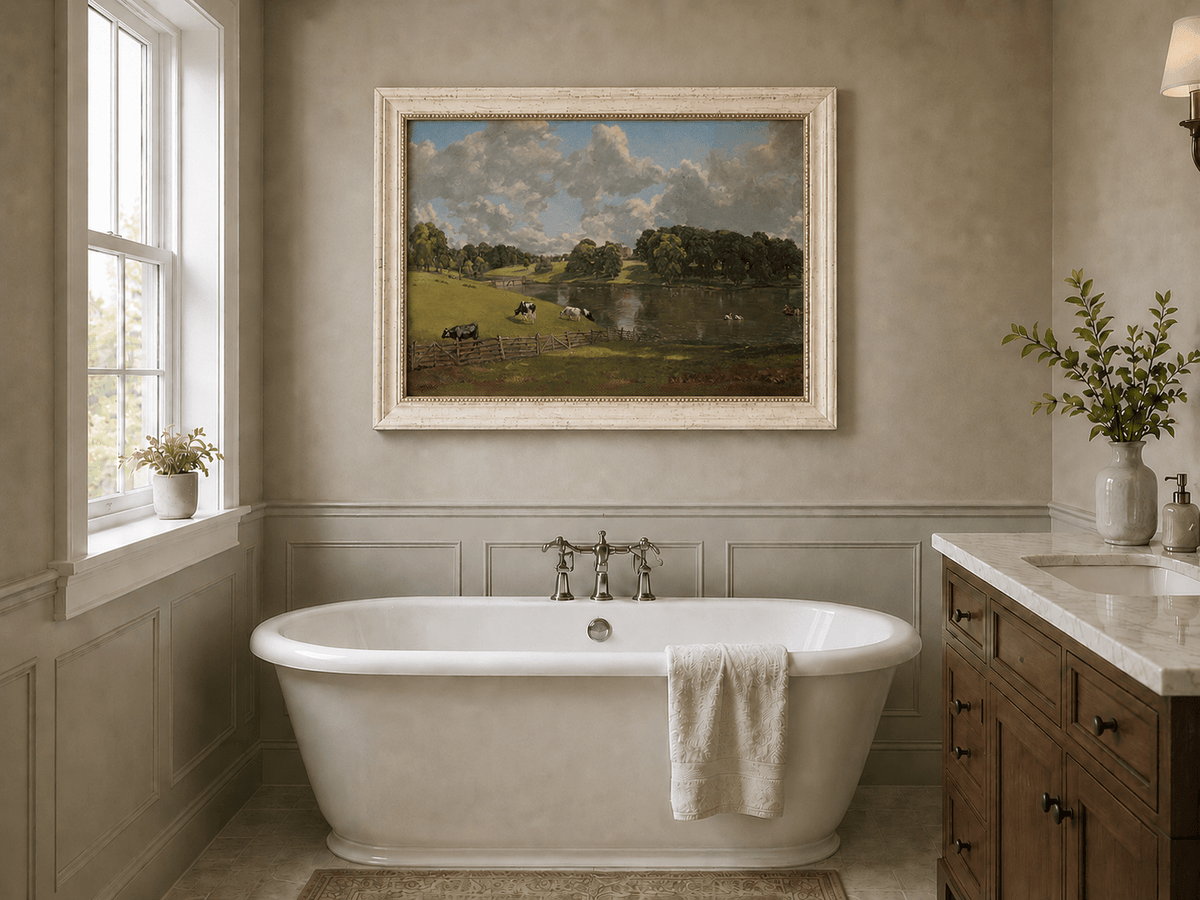 Landscape Oil Painting - Pastoral Lake Cows & Country Estate