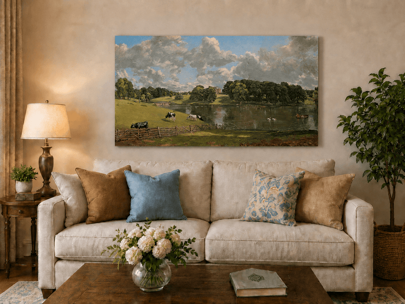 Landscape Oil Painting - Pastoral Lake Cows & Country Estate